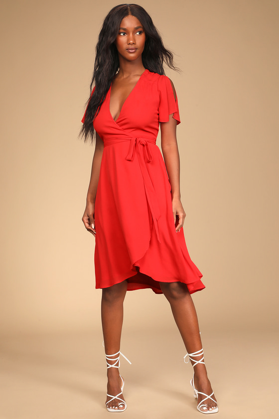 Bright Red Wrap Dress - Midi Wrap Dress - Midi Dress - Lulus